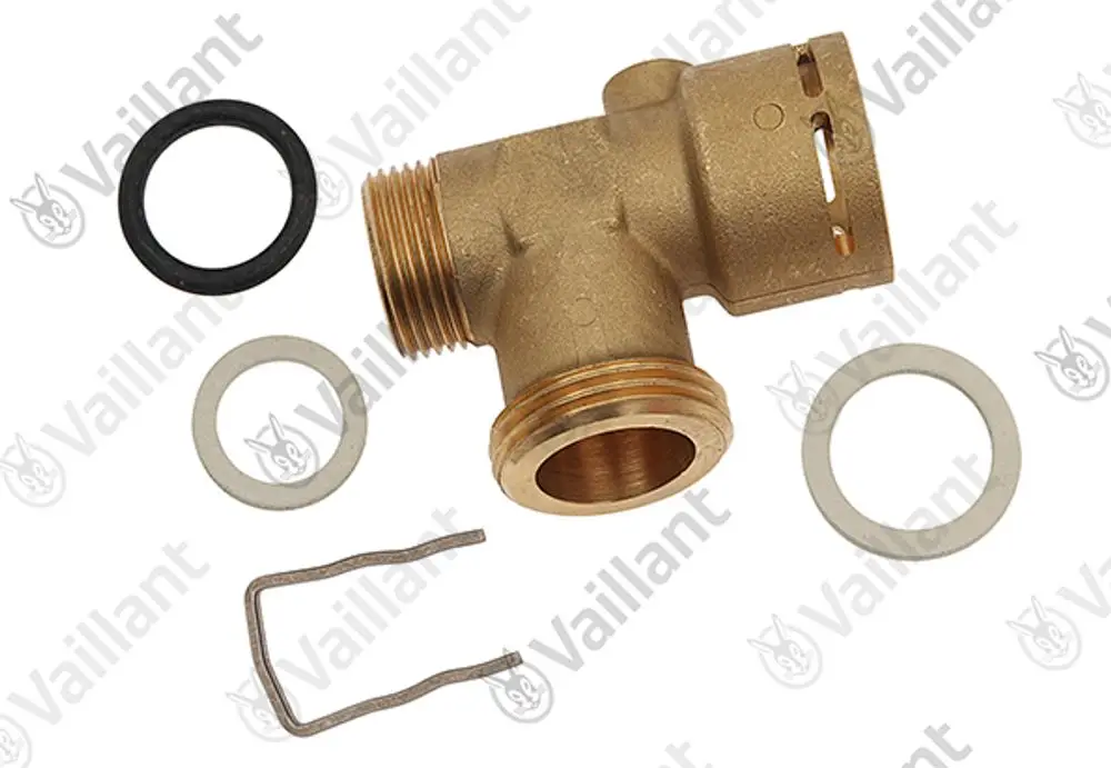 Vaillant T-Stück aus Messing mit zwei O-Ringen, einer Dichtung und einem Halteclip, geeignet für Rohrverbindungen in Heizsystemen.